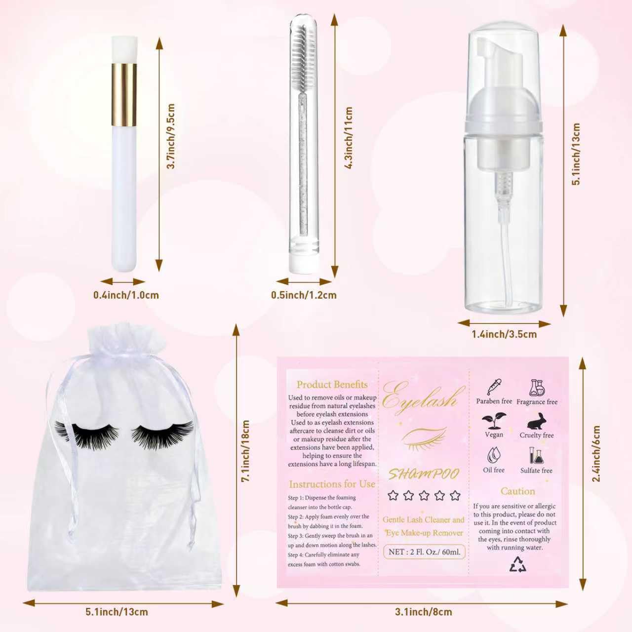 100 Pcs Lash Shampoo Bottle Brushes Set 20 Empty Foam Pump Dispensers 20 Label Stickers 20 Mascara Wands and Tubes 20 Cleansing Brush 20 Bag for Eyelash Extensions Aftercare(White)