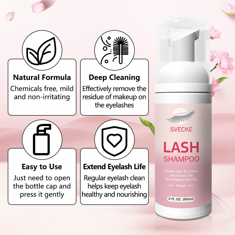 Lash Shampoo Kit Eyelash Extension Cleanser, Eyelash Shampoo for Lash Extensions, Lash Cleaner Eyelid Foam Cleaning Kit for Salon Home Use (Peach)