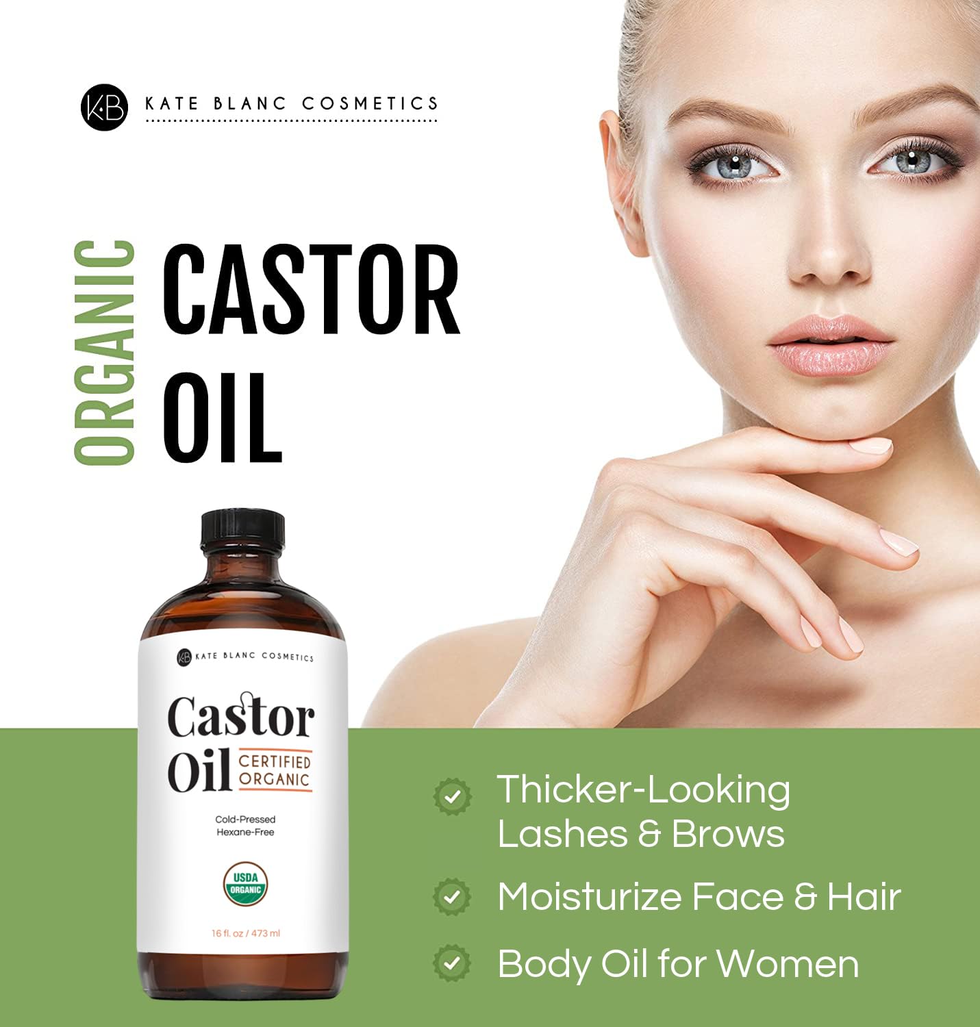 Kate Blanc Cosmetics Castor Oil Organic for Hair, Skin & Face (16oz)
