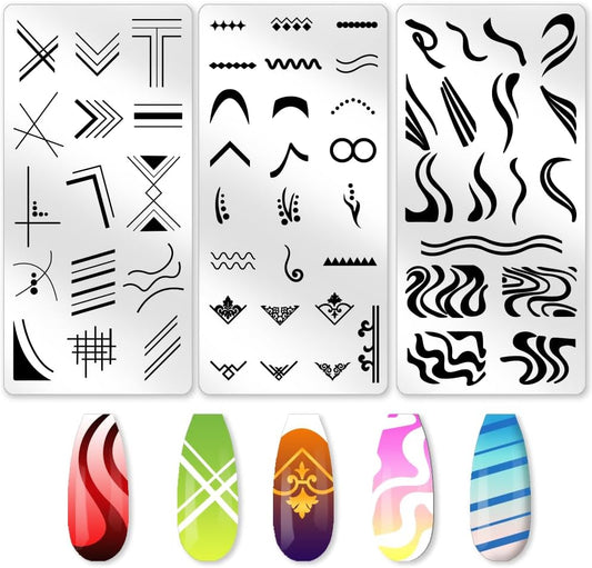 3Pcs Swirl French Line Nail Stamping Plate Wave Stripes Templates Tip Art Stamp Plates Image