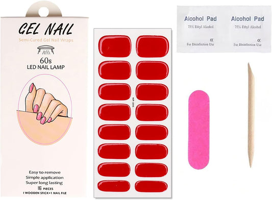Red Semi Cured Gel Nail Strips Stickers Glossy Nail Polish Strips Decals Salon Quality Long Lasting