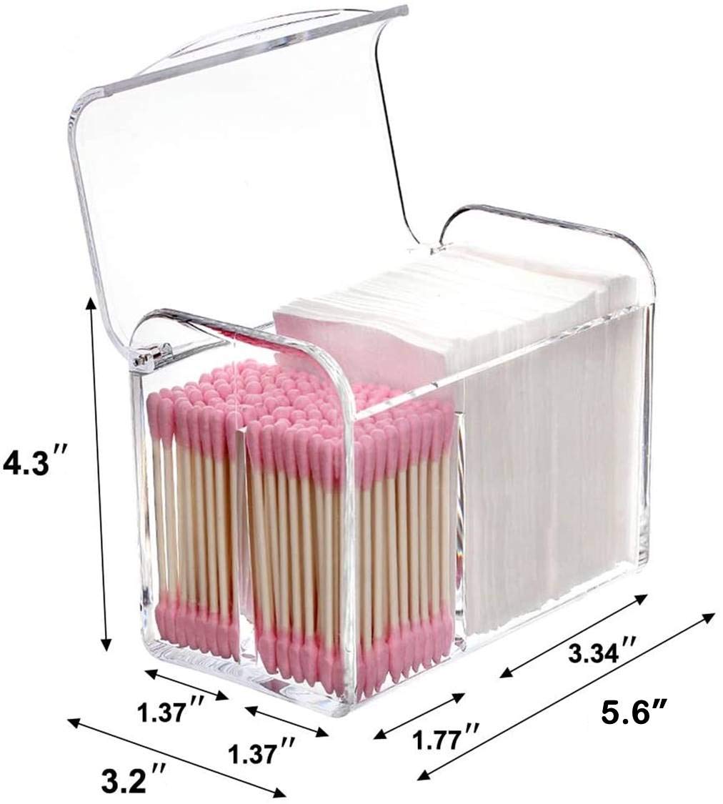 Square Acrylic Cotton Ball Pads Gauze Swab Holder Organizer Q-tip Dispenser Storage Canister Bathroom Container Flossers Box Case (5.6x3.2x4.3 in, 1 Tier, 3 Partitions, Transparent)
