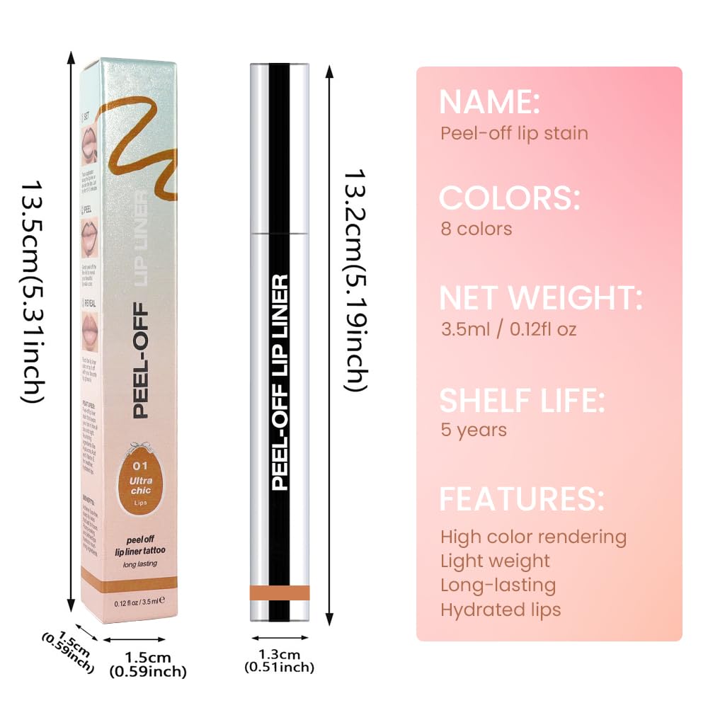 Matte Lip Stain Peel Off Lip Liner, Orange Brown Peel Off Lip Stain Tattoo,Long Lasting & Waterproof Peel Off Lip Gloss Lip Liner,Transfer-Proof All Skin Types.0.12 fl oz #01