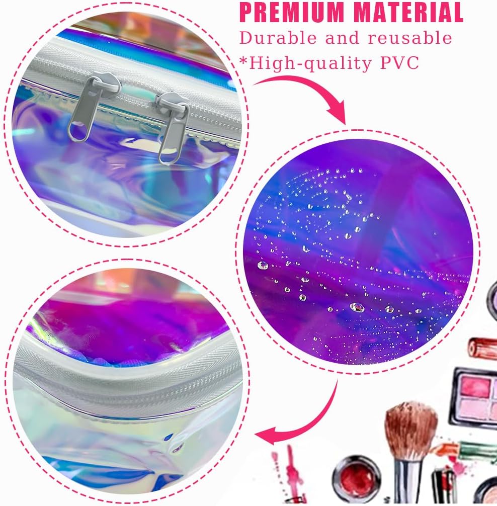 Holographic Makeup Bags Bulk,Clear Storage Bag Toiletry Pocket Portable Zippered Iridescent Pouch Waterproof Cosmetic Gift Bags for Women (Holographic Pink(White Frame))