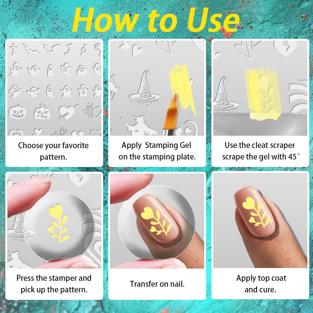 3Pcs Holiday Nail Stamping Plate Set Seasonal Halloween Christmas Nail Stamp Templates Valentine St. Patrick's Day Metal Reusable Tools with Stamper Scraper for Manicure Printing