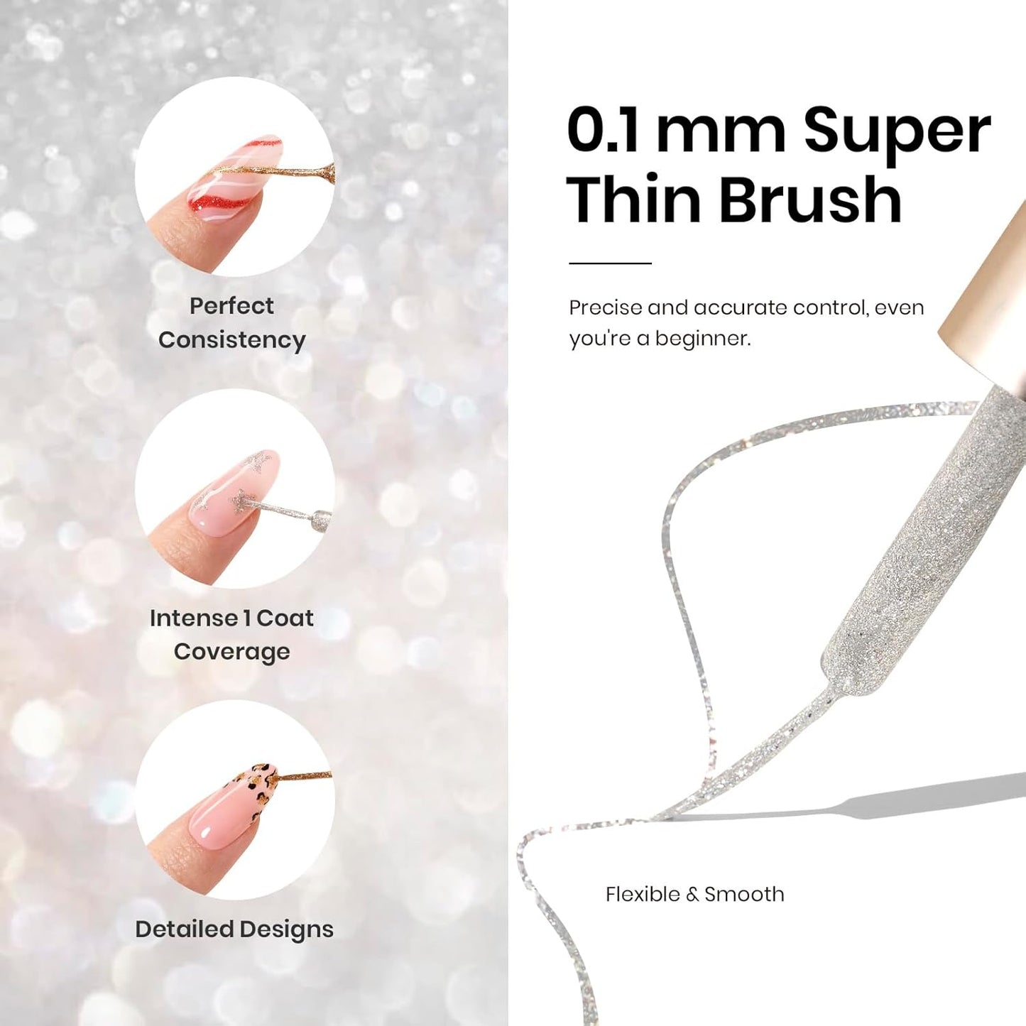 Beetles Nail Art Polish- 2 Colors Cat Eye Liner Gel Polish Gold Sliver Glitter Gel Nail polish Soak Off UV Built Thin Nail Brush in Bottle Gifts for Women