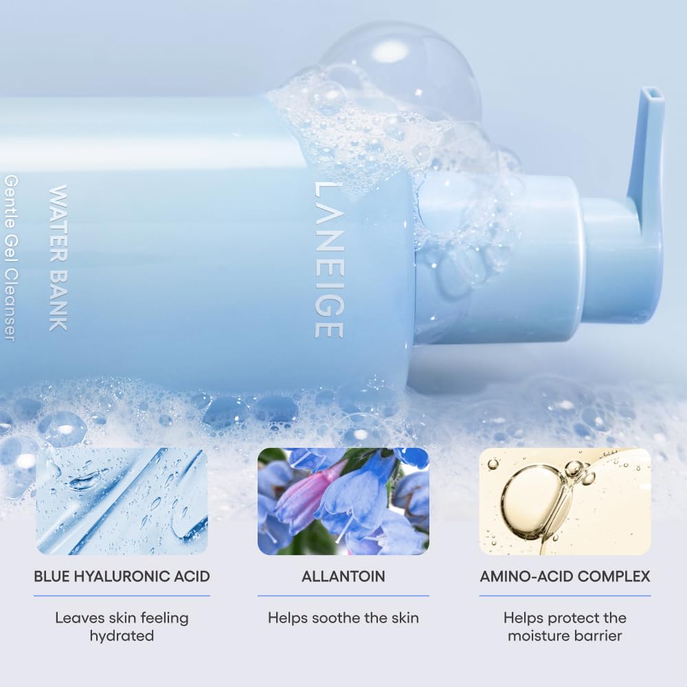 LANEIGE Water Bank Gentle Gel Facial Cleanser: Hydrating, Non-Stripping, pH-Balanced