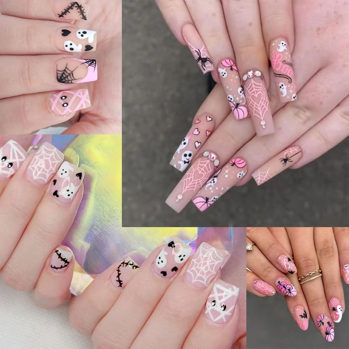 8 Sheets Nail Cute Ghost Nail Stickers for Nail Art 3D Self-Adhesive Pink Spider Web Pumpkin French Nail Art Decals Halloween Nail Art Supplies Goth Eye Starlight Nail Decals for Women DIY Manicure