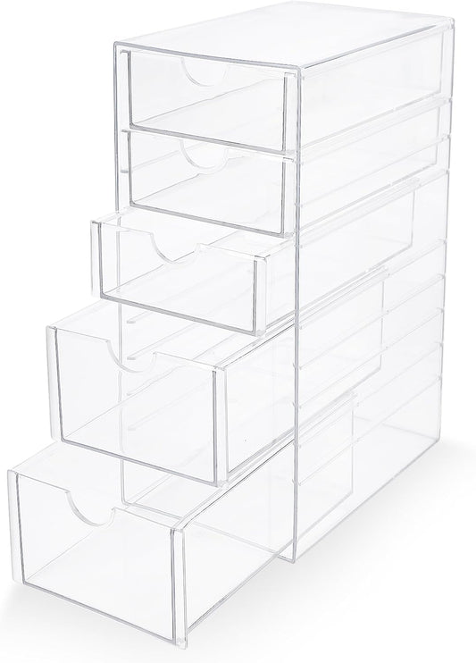 Prsildan Acrylic Drawer Makeup Organizer with 5 Drawers, Hair Accessories Organizer, Office Desk Organization, Clear Stackable Storage Drawers for Vanity, Countertop, Craft, Jewelry