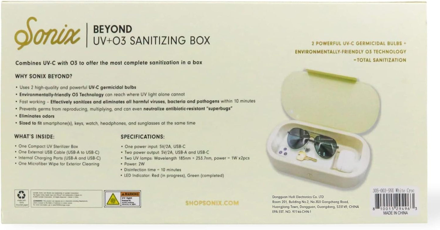 Sonix Beyond UV+O3 Sanitizer Box and Universal Charger UV and Ozone Disinfector for Phone, Mask, Makeup Brush, Nail Tool (White Croc)