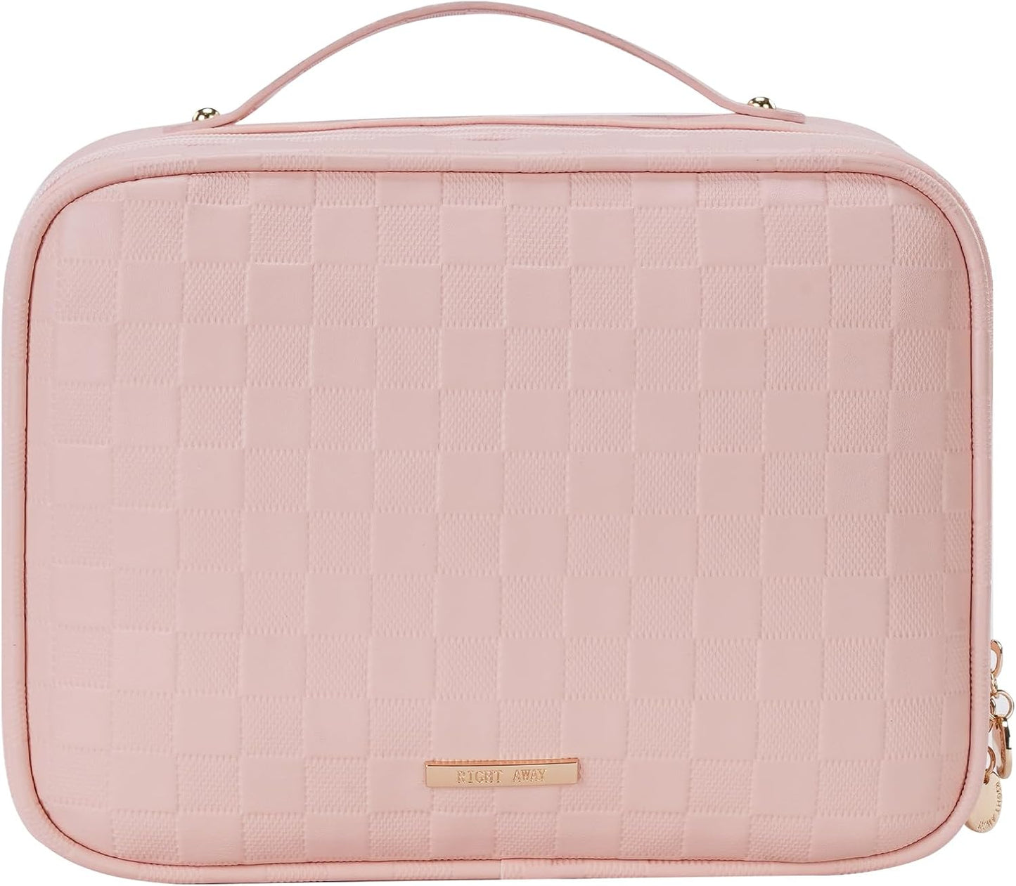 RIGHT AWAY Travel Toiletry Bag for Women, Waterproof Makeup Bag&Case, Portable Cosmetic Organizer Checkered Make up Bag for Full Sized Toiletries，Cosmetics and Travel-Size Accessories,Pink Checkered