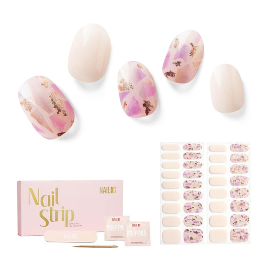 Nailog Semi Cured Gel Nail Strips 34 pcs | Long Lasting Nail Polish Sticker Wraps with Glossy Gel
