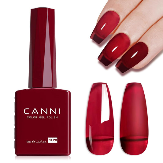 CANNI Jelly Red Gel Polish – 0.3oz Translucent Deep Dark Red Sheer Wine Color, High Gloss UV/LED