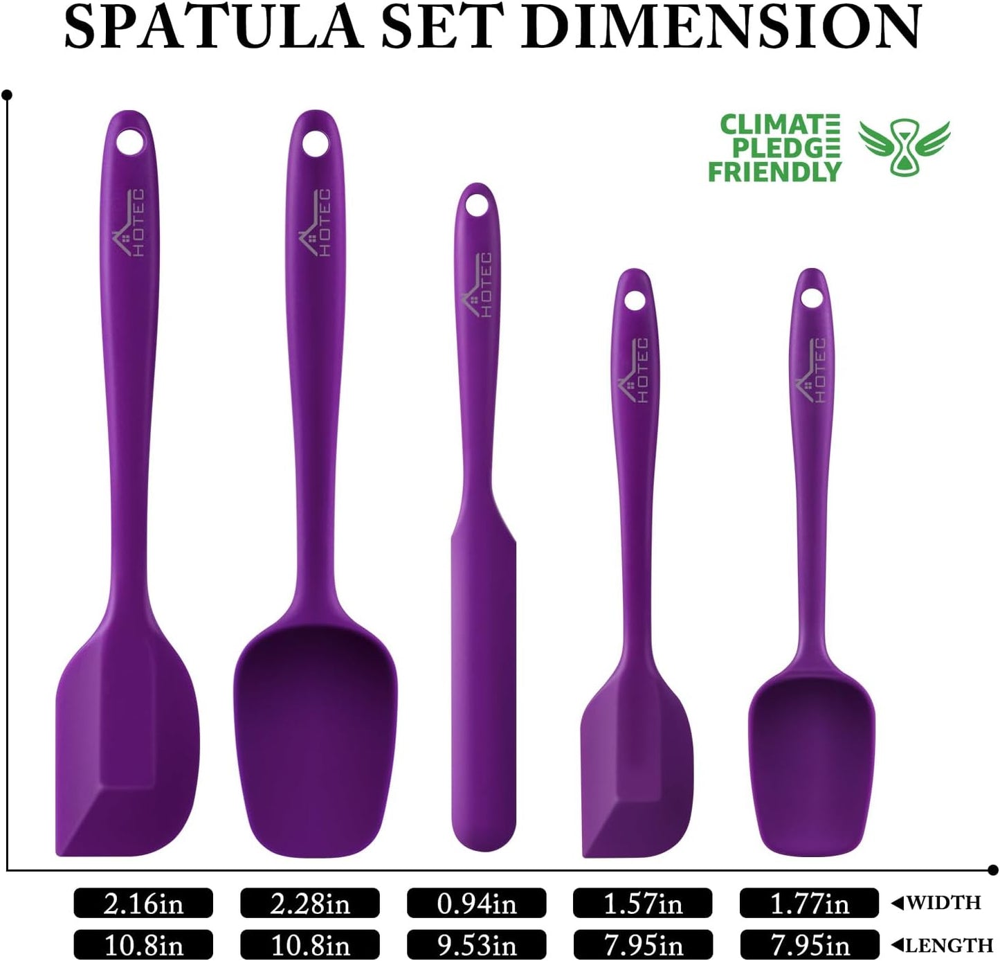HOTEC 600℉ Heat Resistant BPA-Free Silicone Rubber Spatula Set for Baking, Cooking, and Mixing Non Stick Dishwasher Safe, Purple Set of 5