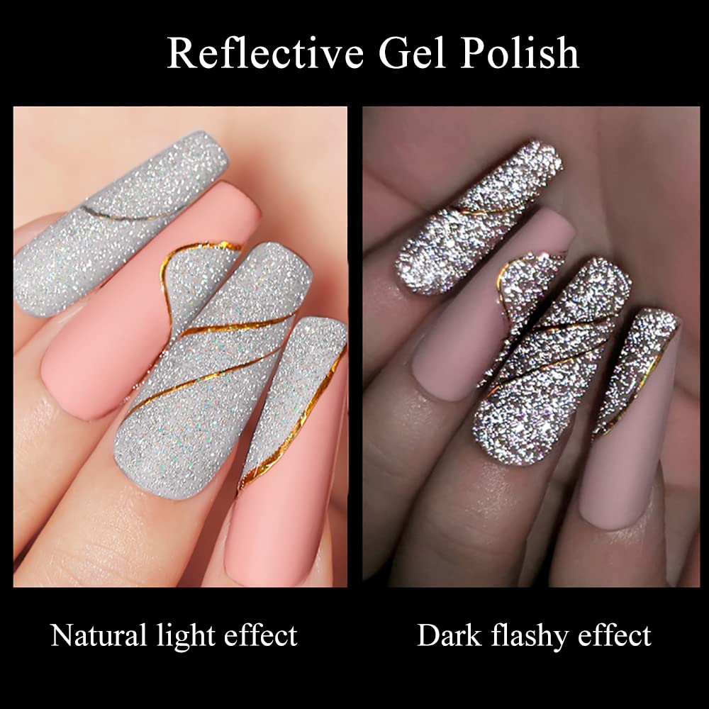 MIZHSE Reflective Glitter Gel Nail Polish, Silver Nail Gel Sparkly Shiny Gel Polish, Soak Off Nail Art Salon Varnish for Beginners Manicure DIY at Home