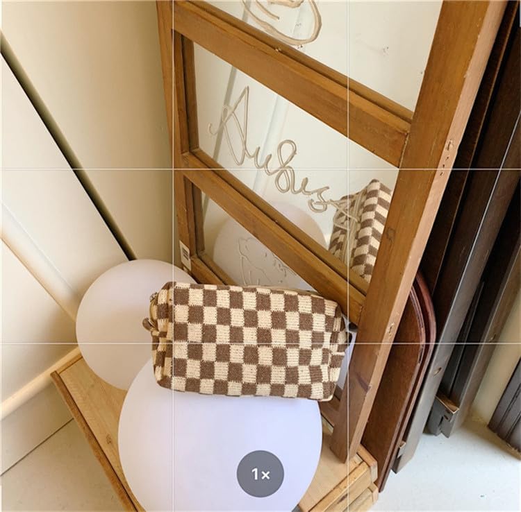 PAZIMIIK Checkered Makeup Bag for Purse Portable Zipper Make Up Pouch Small Cosmetic Case for Travel Accessories (6PCS Coffee)