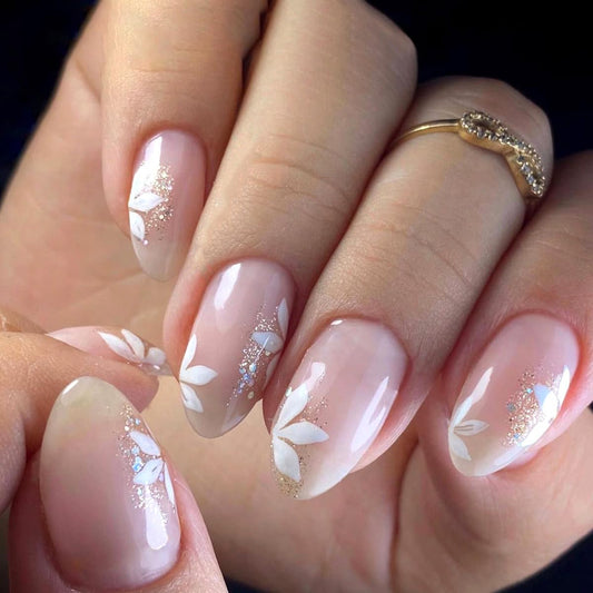Fall Short Press On Nails Almond, Nude Fake Nails accented with golden glitter and Graceful White