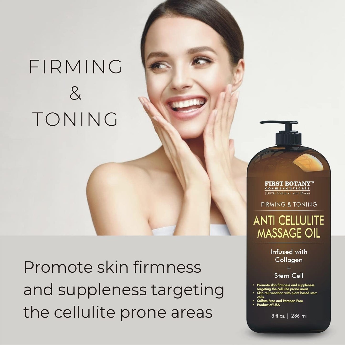 First Botany, Anti-Cellulite Massage Oil Infused with Collagen & Stem Cells - Natural Cellulite & Stretch Mark Treatment for Men & Women - 8 oz