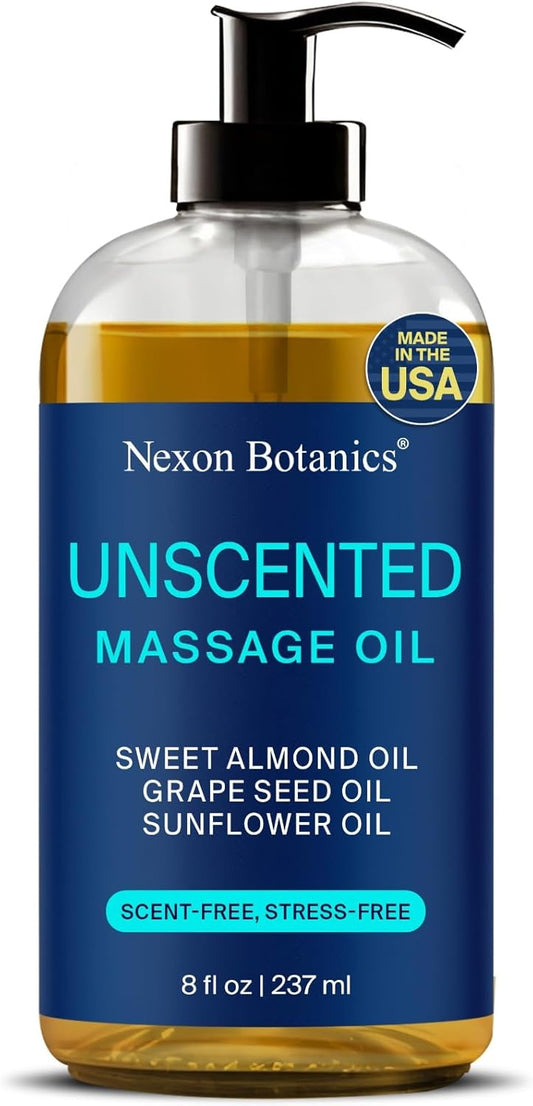 Unscented Massage Oil for Massage Therapy 8 fl oz - Refreshing and Relaxing - Natural Oils with Sweet Almond, Grape Seed and Sunflower Oil - for Men and Women - Nexon Botanics
