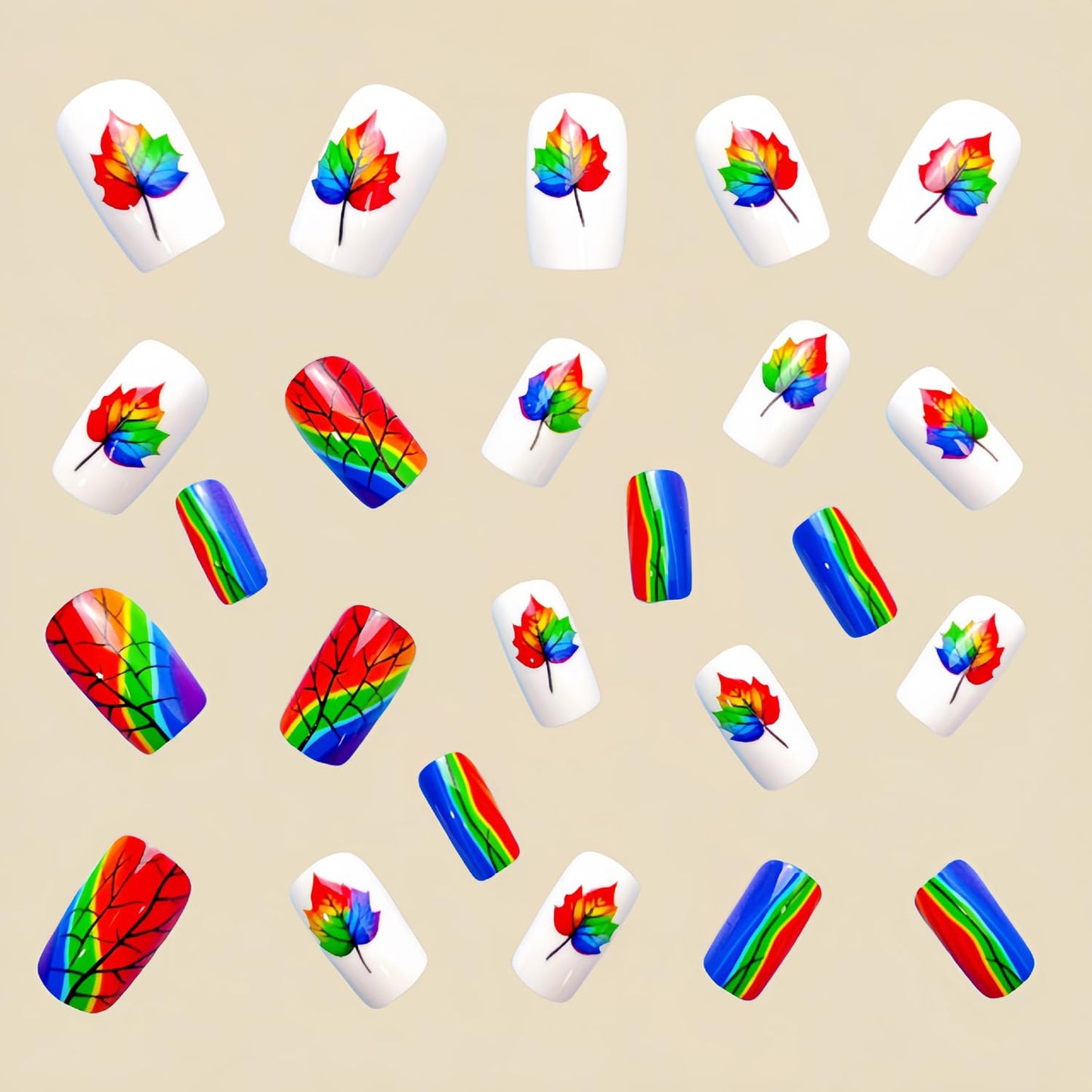 Rainbow Maple Leaf Press on Nails Fall Medium Square Fake Nails Glossy Thanksgiving Acrylic Glue on Nail Autumn Maple Leaves Artificial Stick on Nail for Women DIY Manicure