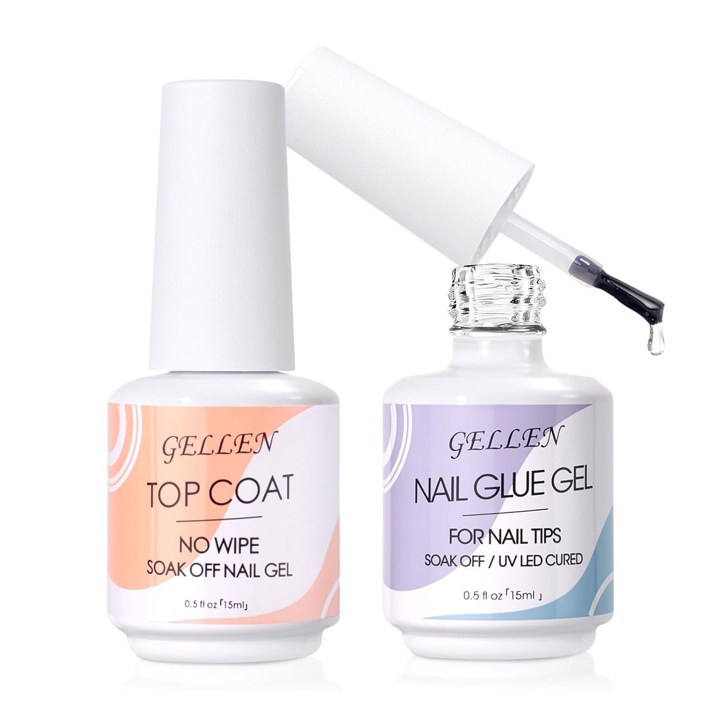Gellen Nail Glue Gel & No Wipe Top Coat, 5 in 1 UV Nail Glue for Acrylic Nails, High Shiny Top Coat Gel, Curing Needed Extend Gel for False Tips & Clear Press on Nails, Home Salon DIY Manicure