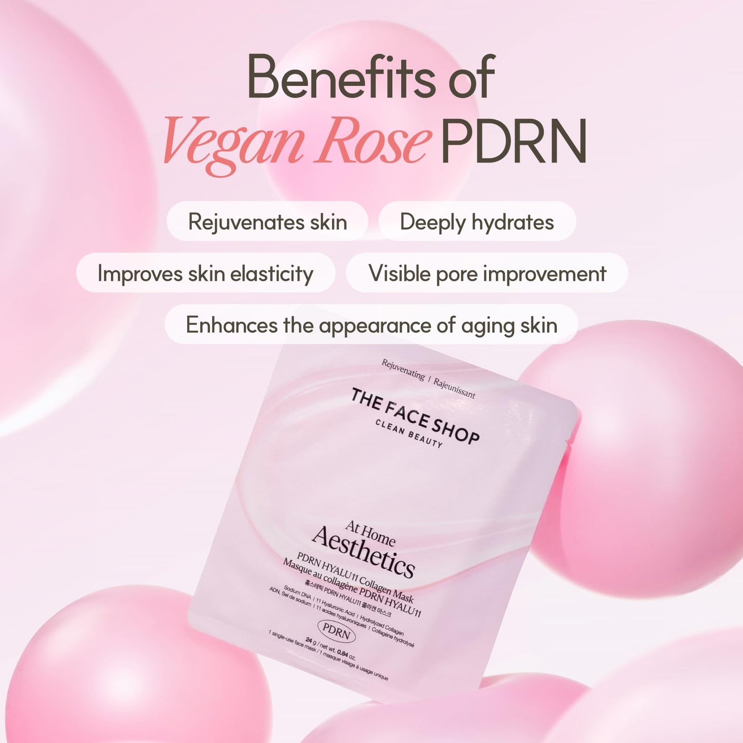 The Face Shop Rose PDRN Pink Collagen Face Mask, Korean Glass Skin Essential, Hyaluronic Acid for