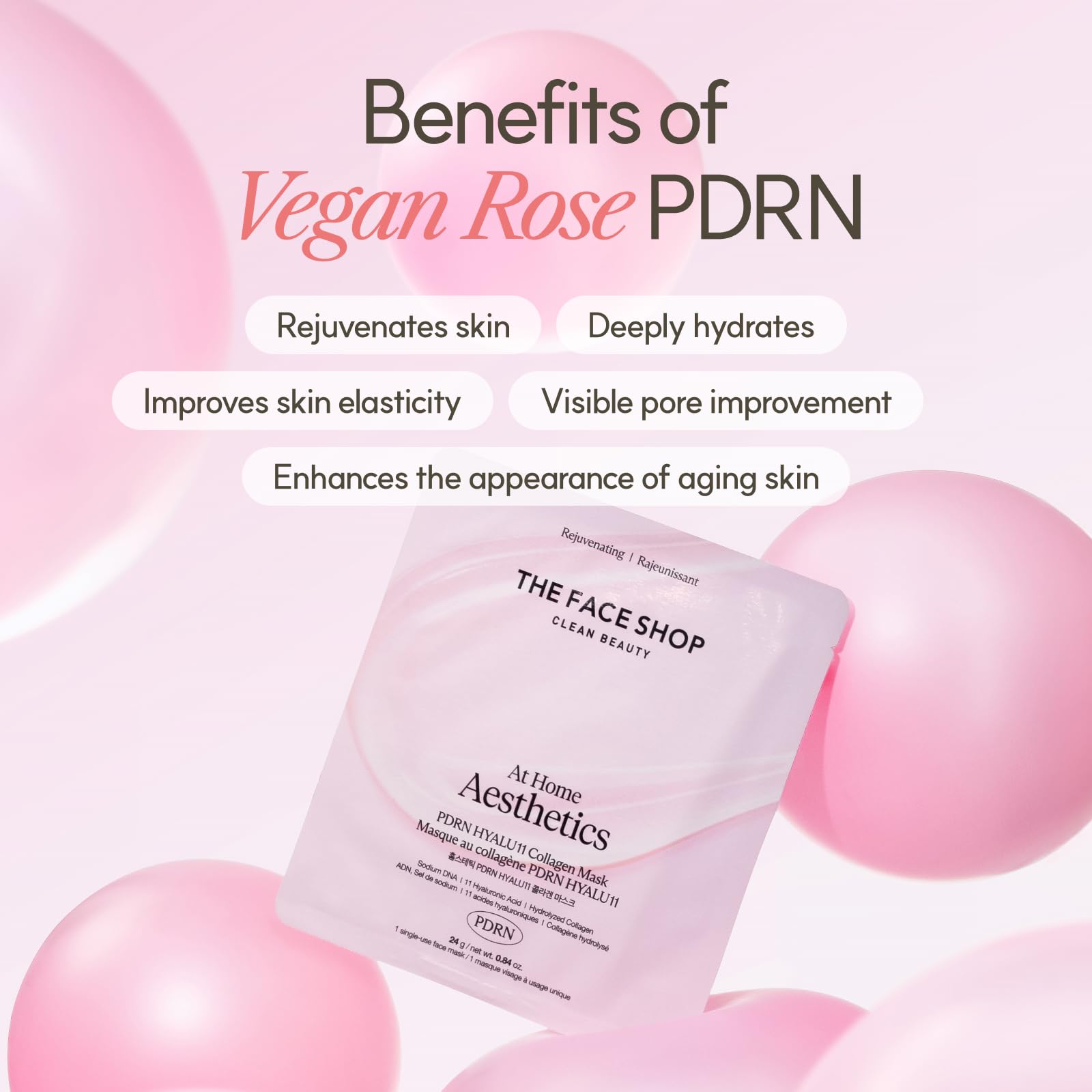 The Face Shop Rose PDRN Pink Collagen Face Mask, Korean Glass Skin Essential, Hyaluronic Acid for