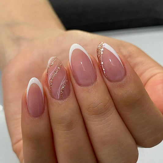 French Press On Nails Short Almond, Nude Fake Nails with White French Tip and Minimalist Gold Line