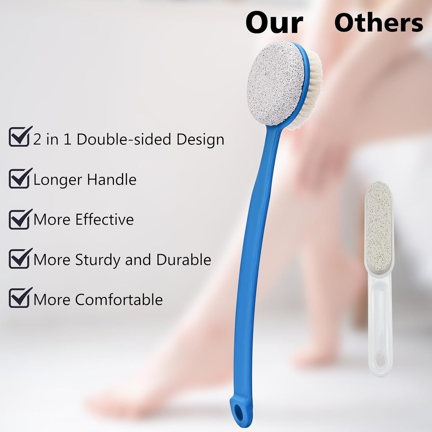 Pumice Stone for Feet with Long Handle (Double-Faced Curved Handle,Blue, Count, 1)