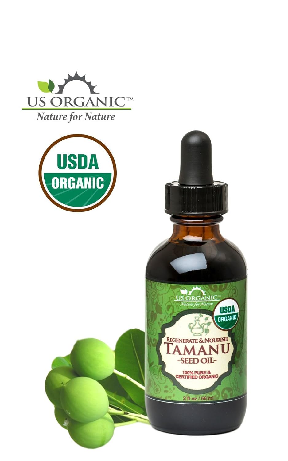 US Organic Tamanu Oil, USDA Certified Organic, 100% Pure Virgin Cold Pressed Unrefined, Dark Green Color, Sourced from Southeast Asia_Improved Cap_2oz (56 ml)