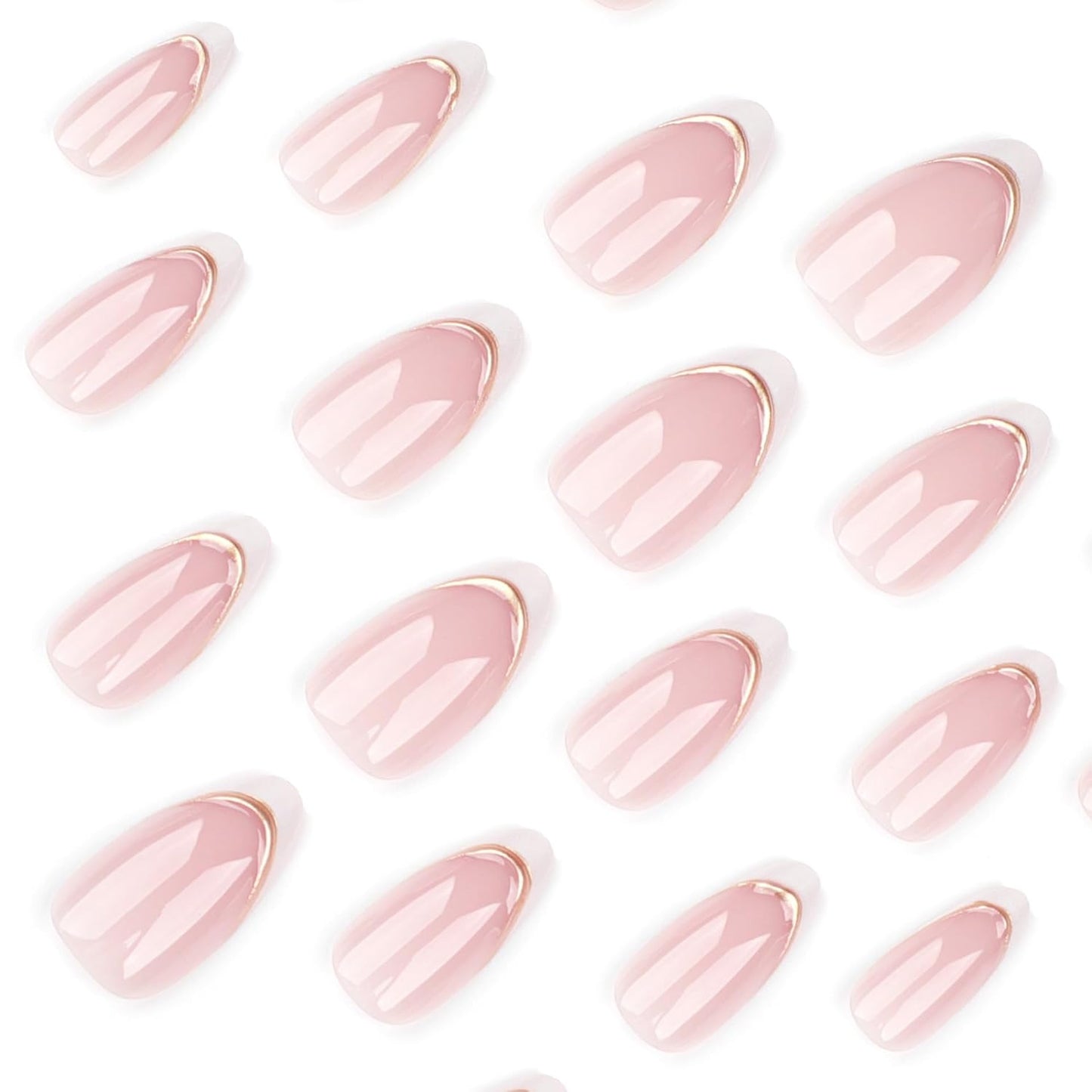 French Press On Nails Short Almond, Nude Fake Nails with White French Tip and 3D Minimalist Gold Line Design, Glossy Gel Finish Acrylic Nails, Natural Reusable Glue On Nails Kit for Women, 24Pcs