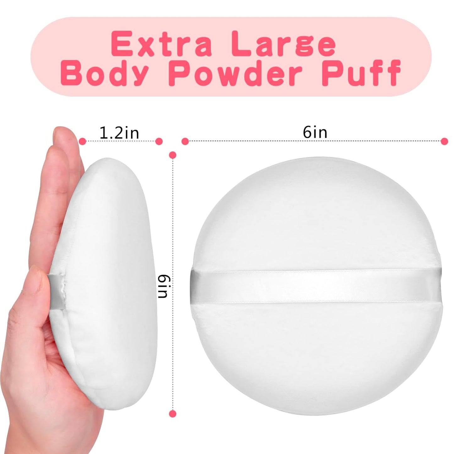 2Pcs Extra Large Body Powder Puff & Luxury 6" Glass Jar Dusting Powder Container with Puff for Women Bath Powder Puffs Perfect for Talcum or Loose Powder (White 6" Only Puff)