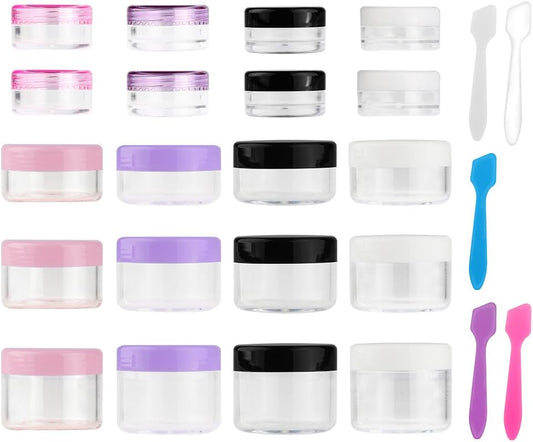 Accmor 20 Pieces Empty Clear Plastic Sample Containers with Lids 3/5/ 10/15/ 20 Gram Size Cosmetic Jars with 5 Pieces Mini Spatulas(random color)