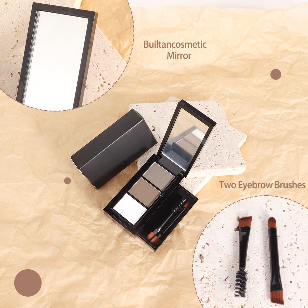 Brown Eye Brow Powder for Women, Light Medium Matte Gray White Eyebrow Powder Kit with Brush, Long-Lasting 3 Colors Brow Palette, Filler for Full, Defined Natural Brows Shaping