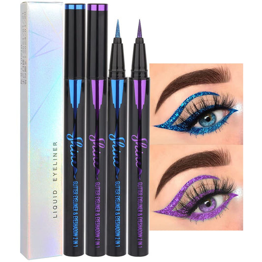 evpct 2Pcs Royal Blue & Purple Glitter Colored Liquid Eyeliner Eye Shadow Makeup Pencil Set, Purple Blue Face Body Glitter Makeup Fake Eyelashes Mascara, Sparkle Metallic Shimmer Eyeliner Waterproof