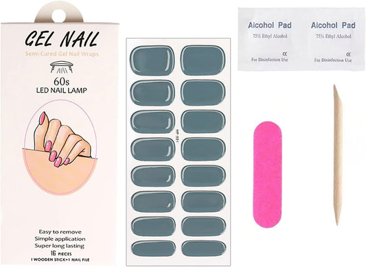 Semi Cured Gel Nail Strips Stickers 16Pcs Solid Color Real Gel Polish Strips Self-Adhesive Grey