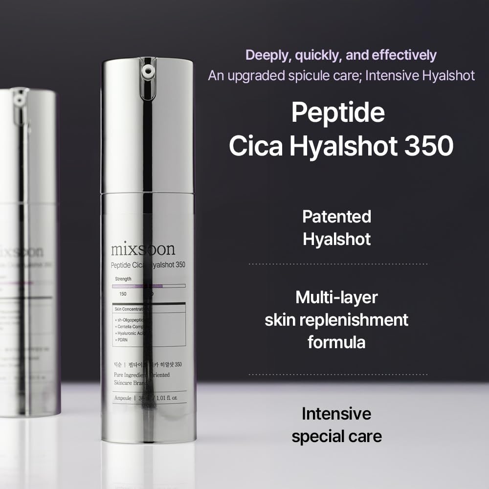 mixsoon Peptide Cica Hyalshot 350, 1.01 Fl. Oz / 30ml Centella Asiatica, Hyaluronic Acid for Sensitive Skin Lightweight & Fragrance-Free Korean Glass Skin Care
