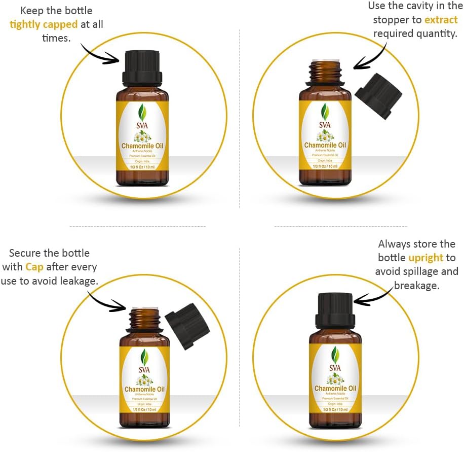 SVA Chamomile Essential Oil – 1/3 Fl Oz – 100% Natural Chamomile Oil - for Diffuser, Hair Care, Face, Skin Care, Aromatherapy, Scalp and Body Massage, Soap and Candle Making