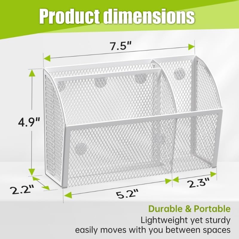 YINGHUA Strong Magnetic Pen Holder for Whiteboard and Refrigerator 3 Compartments Metal Mesh Organizer Space Saving Shelf for Office School Home and Locker - White