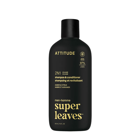 ATTITUDE Men's Shampoo and Conditioner 2-in-1, Volumizing for Thin Hair, With Rosemary and Rice Protein, 97% Natural Origin Ingredients, EWG Verified, Amber & Citrus, 14 Fl Oz