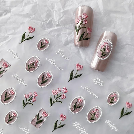 Flower Nail Stickers 5D Embossed Nail Art Stickers Decals Self-Adhesive Pink Tulips Floral Nail