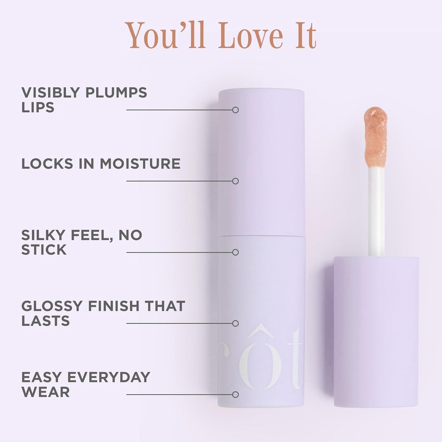 Côte Beauty's Euphoria Peptide Lip Shine, Ultra Hydrating & Long-Lasting Shimmery Sheer Nude Plumping Lip Gloss for Women with Hyaluronic Acid, Shea Butter & Jojoba Oil, Vegan & Cruelty-Free, 0.12FlOz