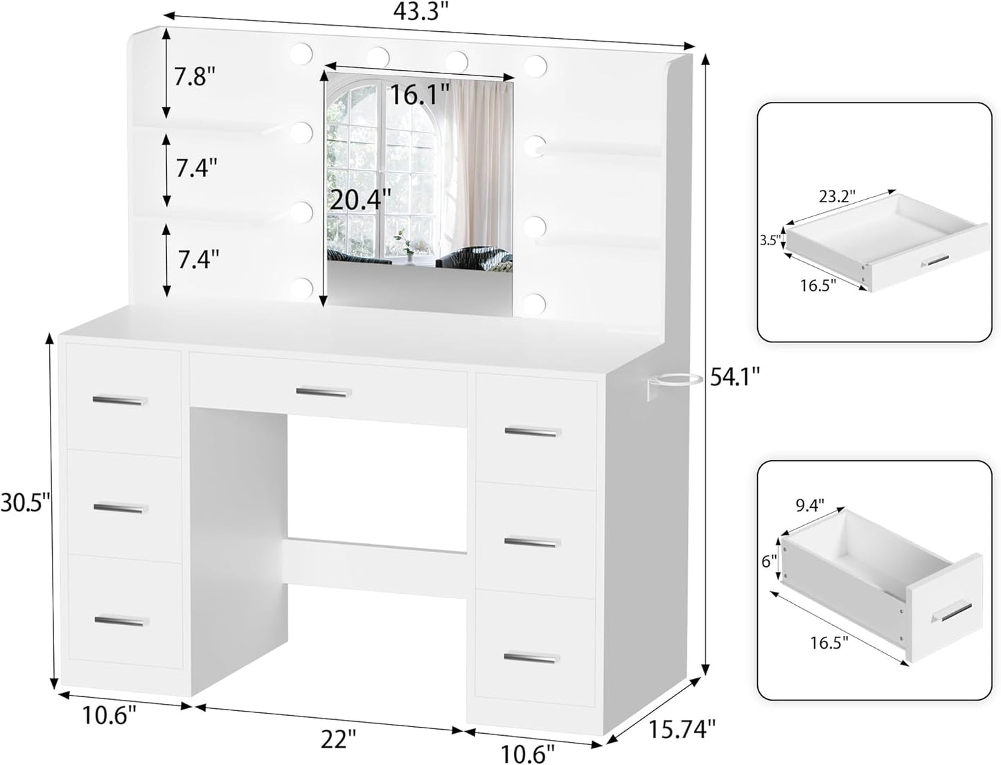 YESHOMY Vanity Desk with Mirror, Power Outlet and 10 Lights, Makeup Table with 7 Drawers, 3 Color Modes Available for Bedroom, Pure White