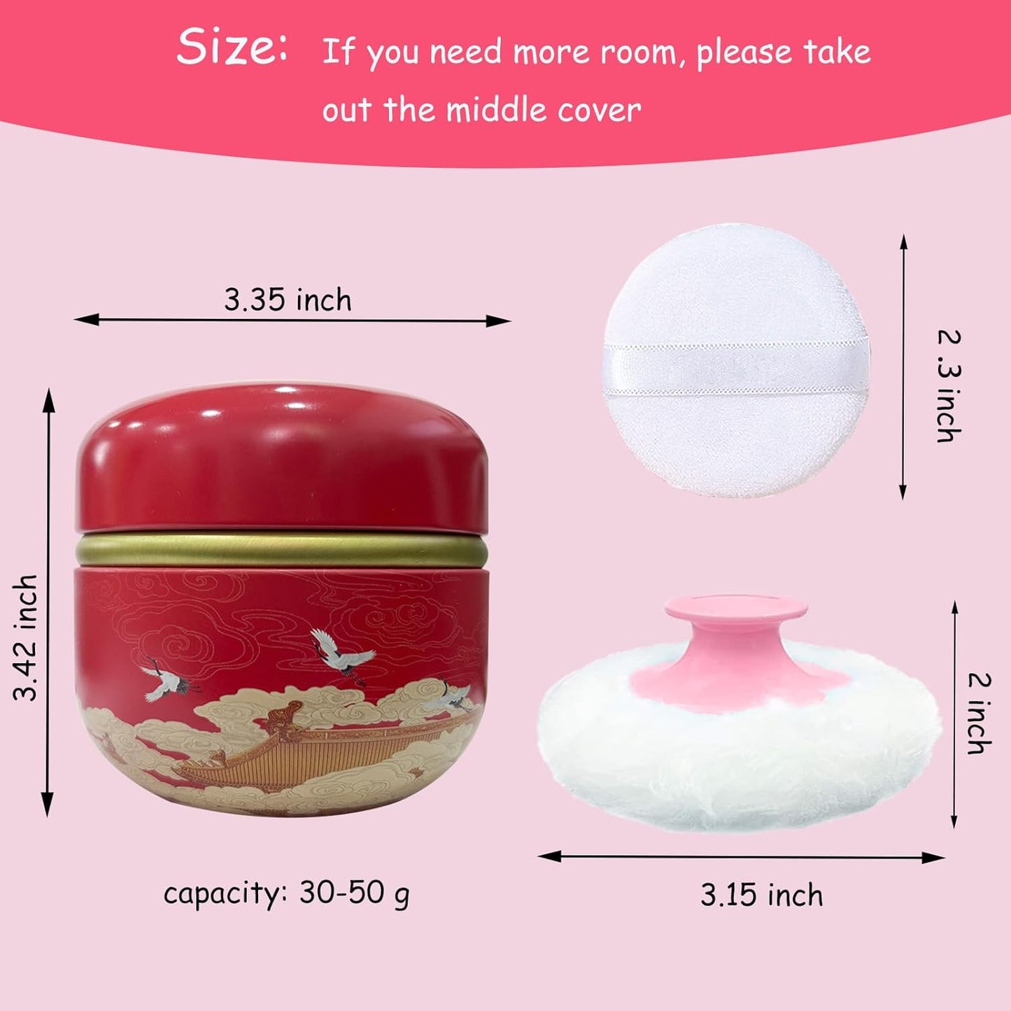 Body Powder Puff and Container for Dusting Powder, Women Powder Puff and Powder Case for Bath and Travel (Crane Red)