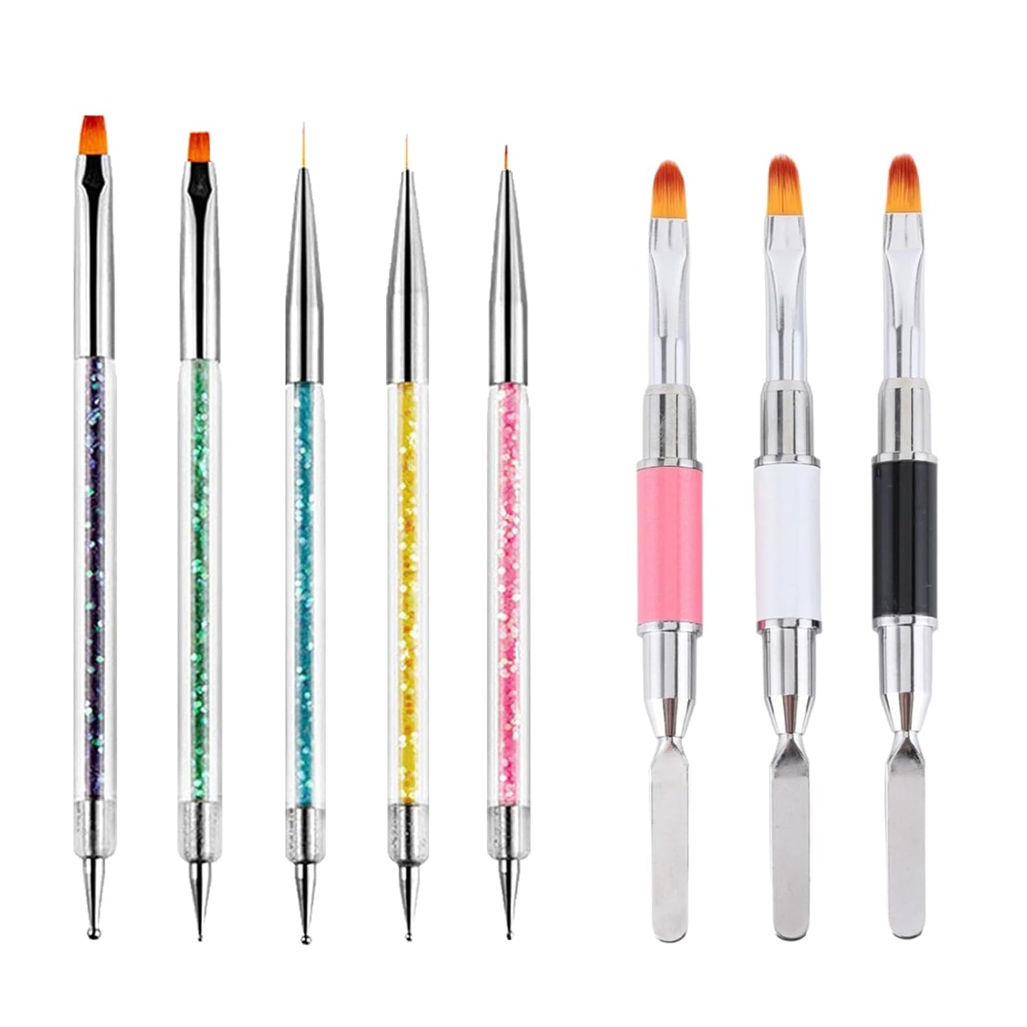Nail Art Brushes, 8Pcs Double-Ended Acrylic Nail Brush Set & Picker Brush Tool for Nail Art with PolyGel Gel Acrylic Nails Extension Fine Liner Brushes and Dotting Pen (6,7,8,9,11 mm)