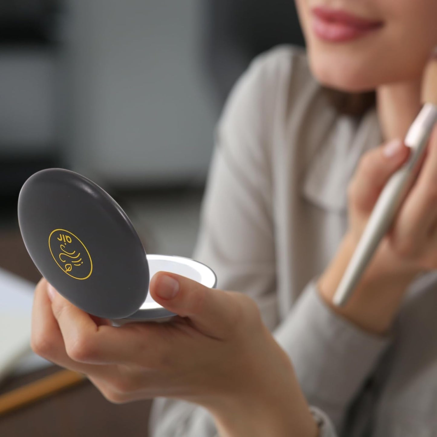 LanJo Lighted Compact Mirror with 1X/5X Magnification, Stepless Dimming & 3 Adjustable Light Settings, Rechargeable Makeup Mirror for Purse, Travel & Gifts – Air Sign Zodiac Design – Charcoal Grey