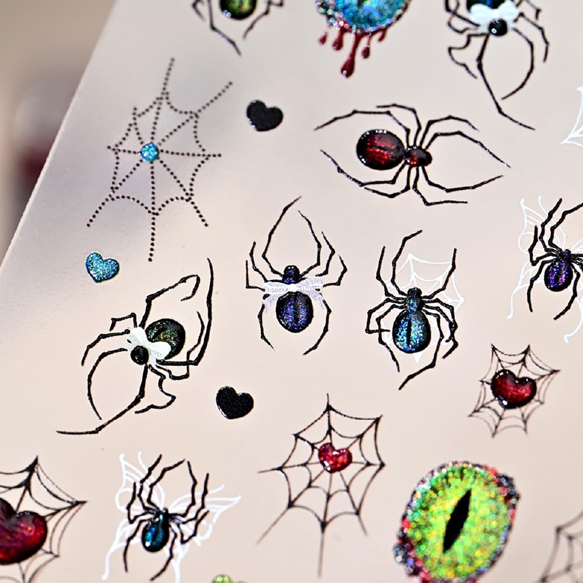 Halloween Nail Stickers 3D Self-Adhesive Goth Nail Art Stickers Black Spider Web Spider Heart Glitter Design Halloween Acrylic Nail Art Decoration Cute Horror Nail Decals for Women Acrylic Nails DIY