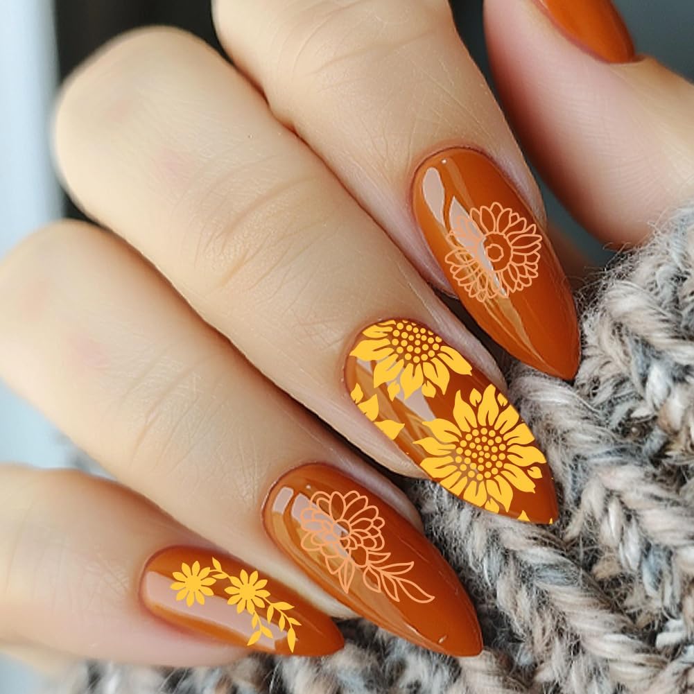 3Pcs Nail Stamping Plate Set Sunflower Nail Stamping Templates French Line Tip Nail Plates Floral Leaves Stainless Steel DIY Reusable Tools with Stamper Scraper for Manicure Printing