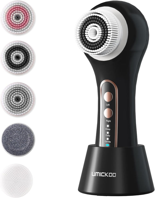 Face Scrubber Exfoliator, Rechargeable Facial Cleansing Brush with 5 Brush Heads, Deep Cleaning for All Skin Types, Black