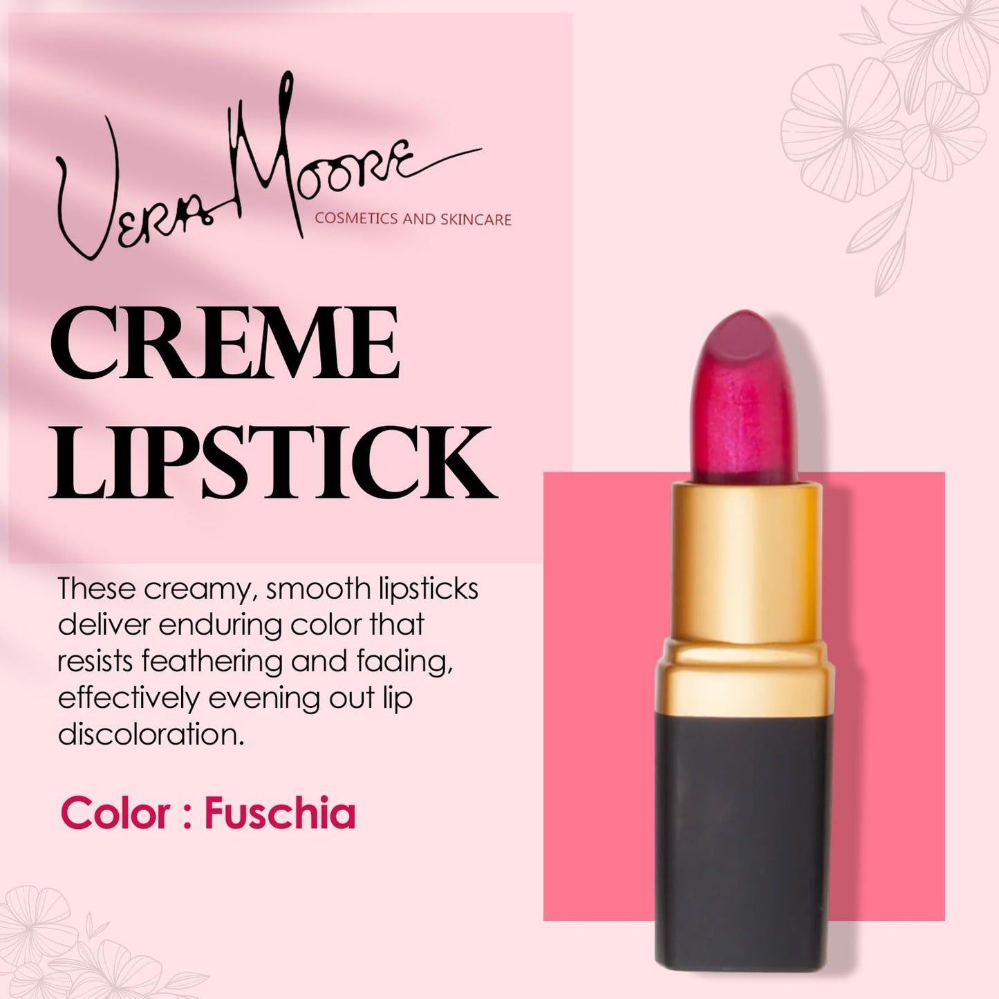 Vera Moore Creme Lipstick, Long Lasting, Lightweight, Moisturizing Opaque Color with Staying Power, Fragrance, and Paraben Free Cosmetics Soft Lipstick (Fuchsia)